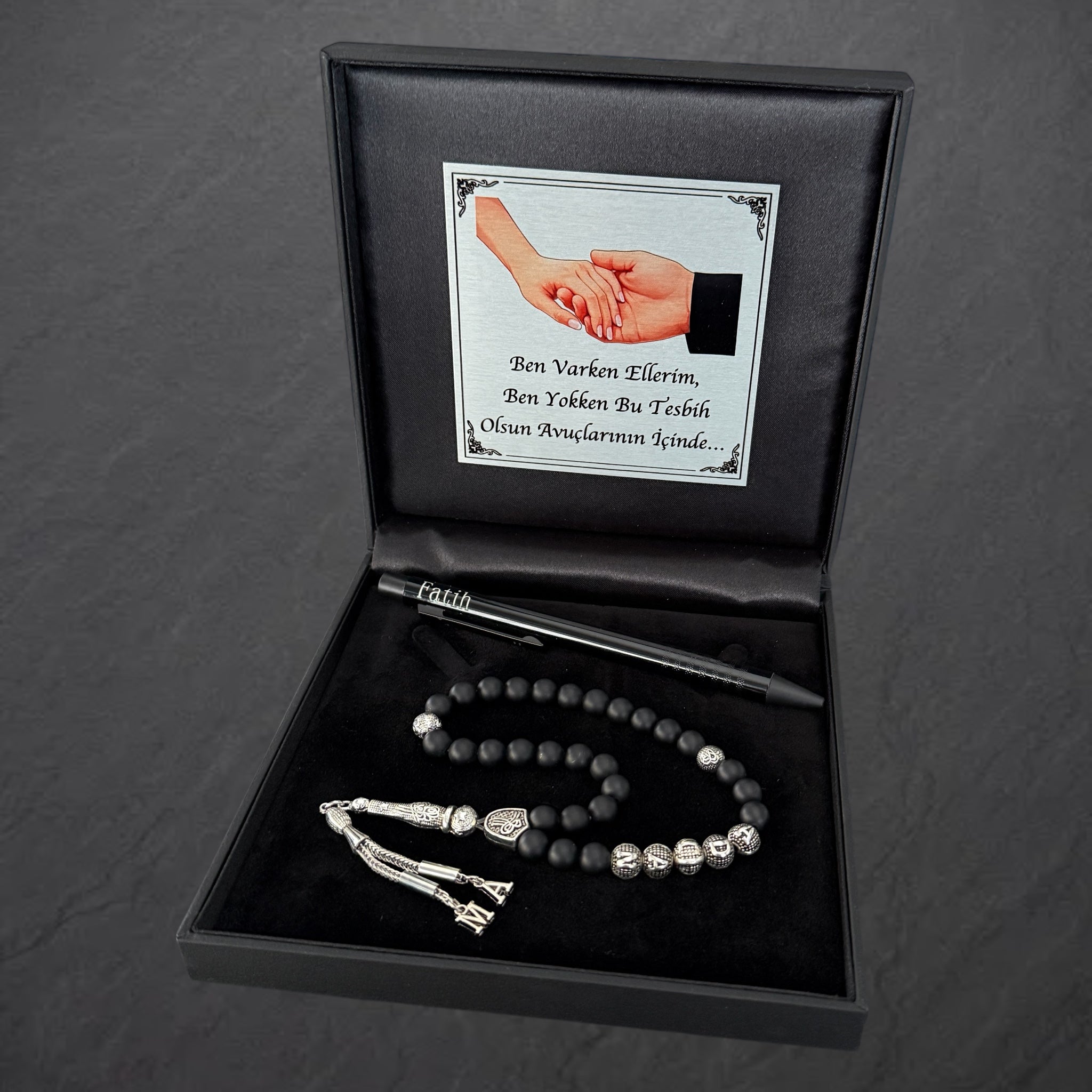 Tesbih mit Namen & Kugelschreiber 4 eckig Black Box mit Wunschtext Love Hand