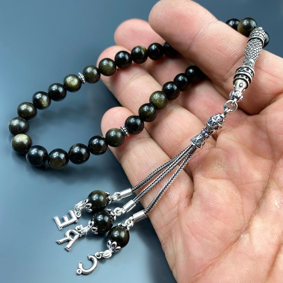 Tesbih Obsidian 3 Buchstaben personalisiert 925 Silber