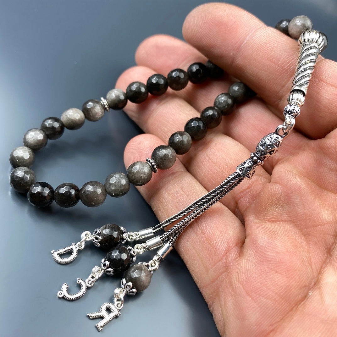 Tesbih Obsidian facettiert 3 Buchstaben personalisiert 925 Silber