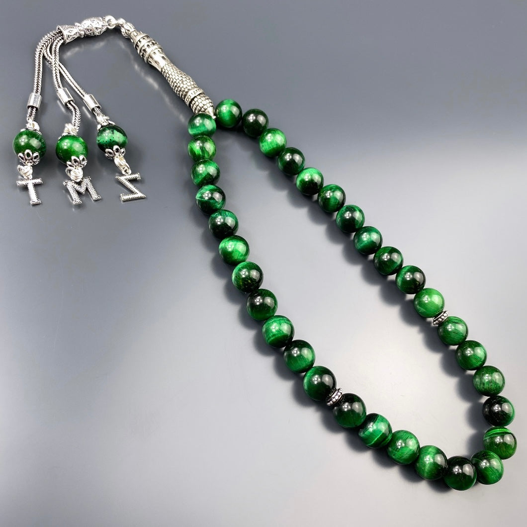 Tesbih Tigerauge Grün 3 Buchstaben personalisiert 925 Silber