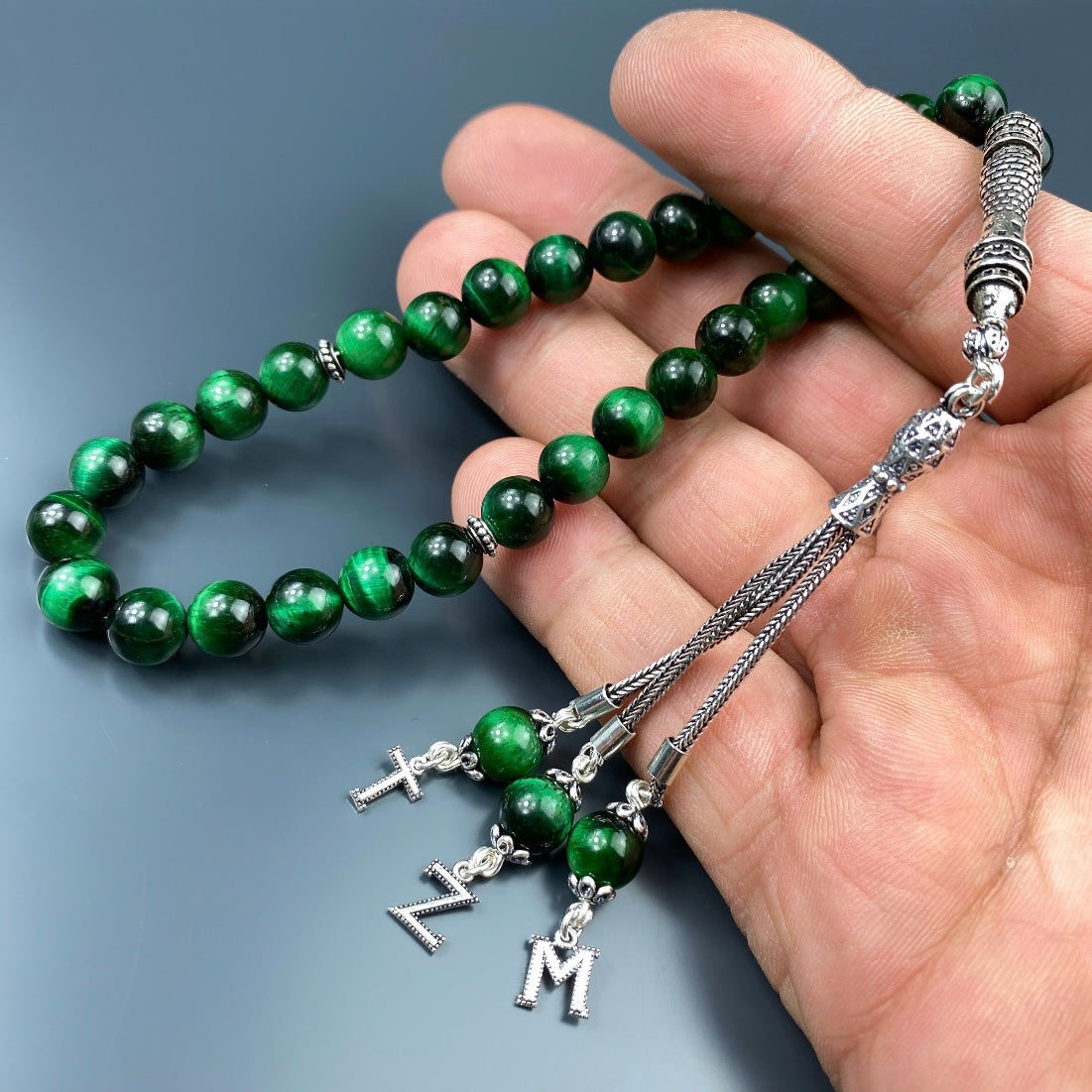 Tesbih Tigerauge Grün 3 Buchstaben personalisiert 925 Silber