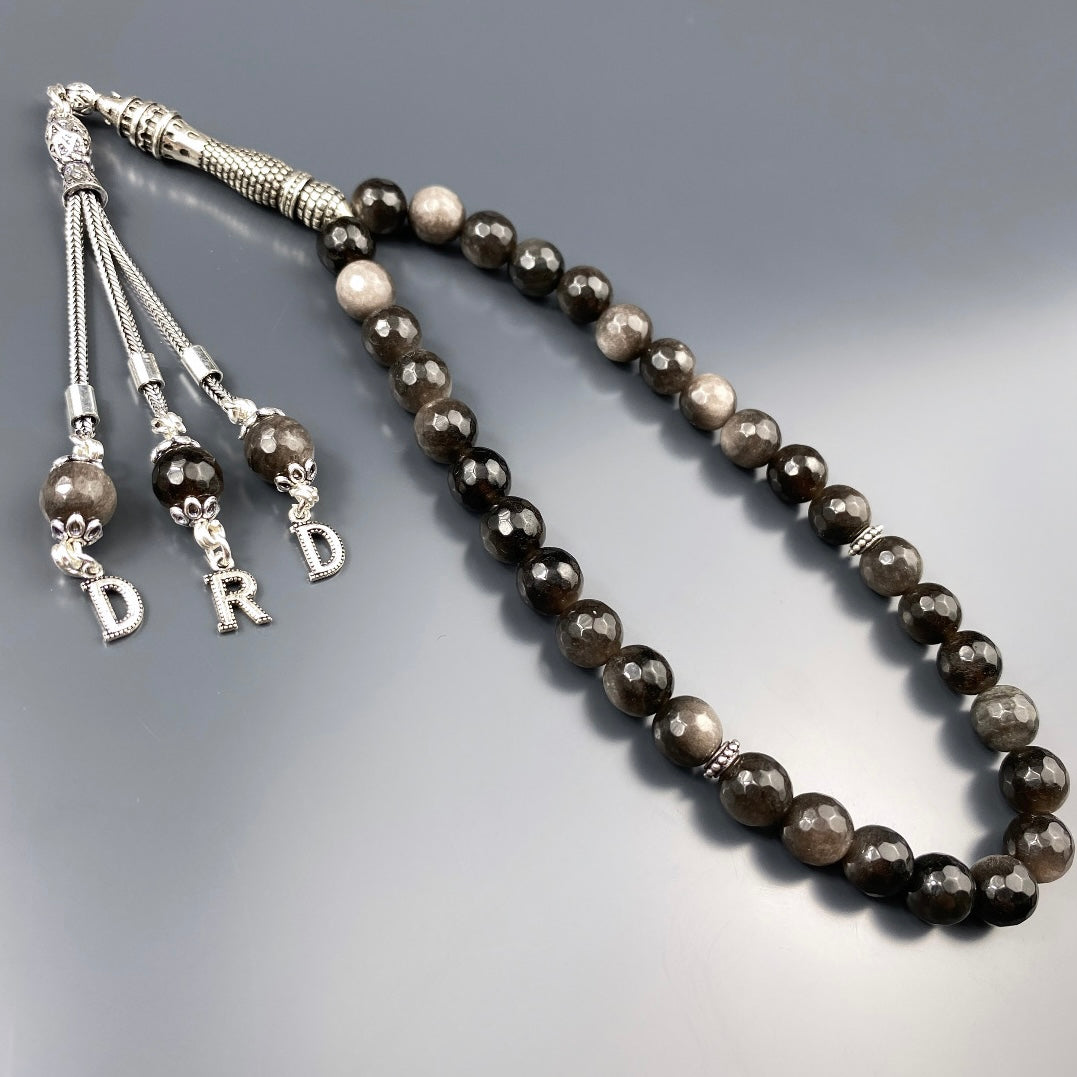 Tesbih Obsidian facettiert 3 Buchstaben personalisiert 925 Silber