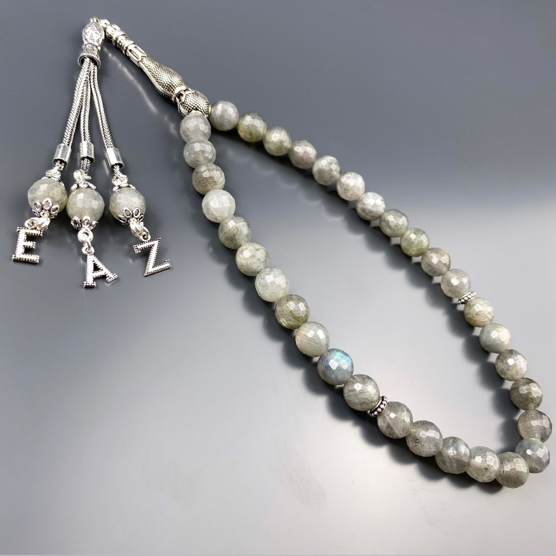 Tesbih Labradorite facettiert 3 Buchstaben personalisiert 925 Silber