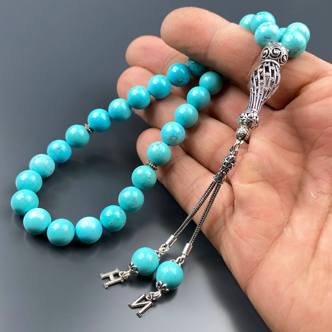 Tesbih Türkis / Firuze 2 Buchstaben personalisiert 925 Silber 10 mm Perlen Büyük Boy