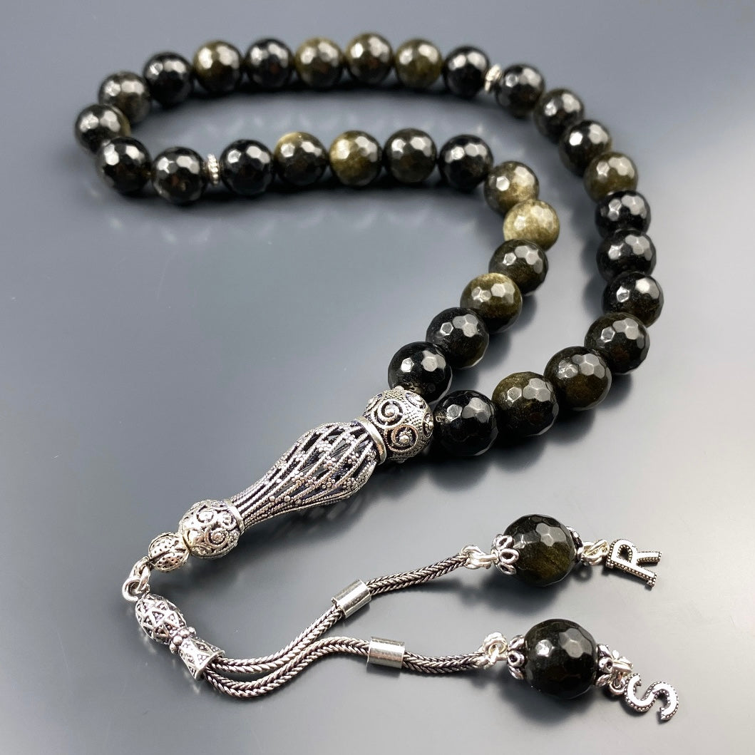 Tesbih Obsidian facettiert 2 Buchstaben personalisiert 925 Silber 10 mm Perlen Büyük Boy