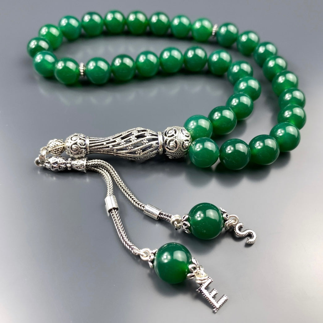 Tesbih Achat grün 2 Buchstaben personalisiert 925 Silber 10 mm Perlen Büyük Boy