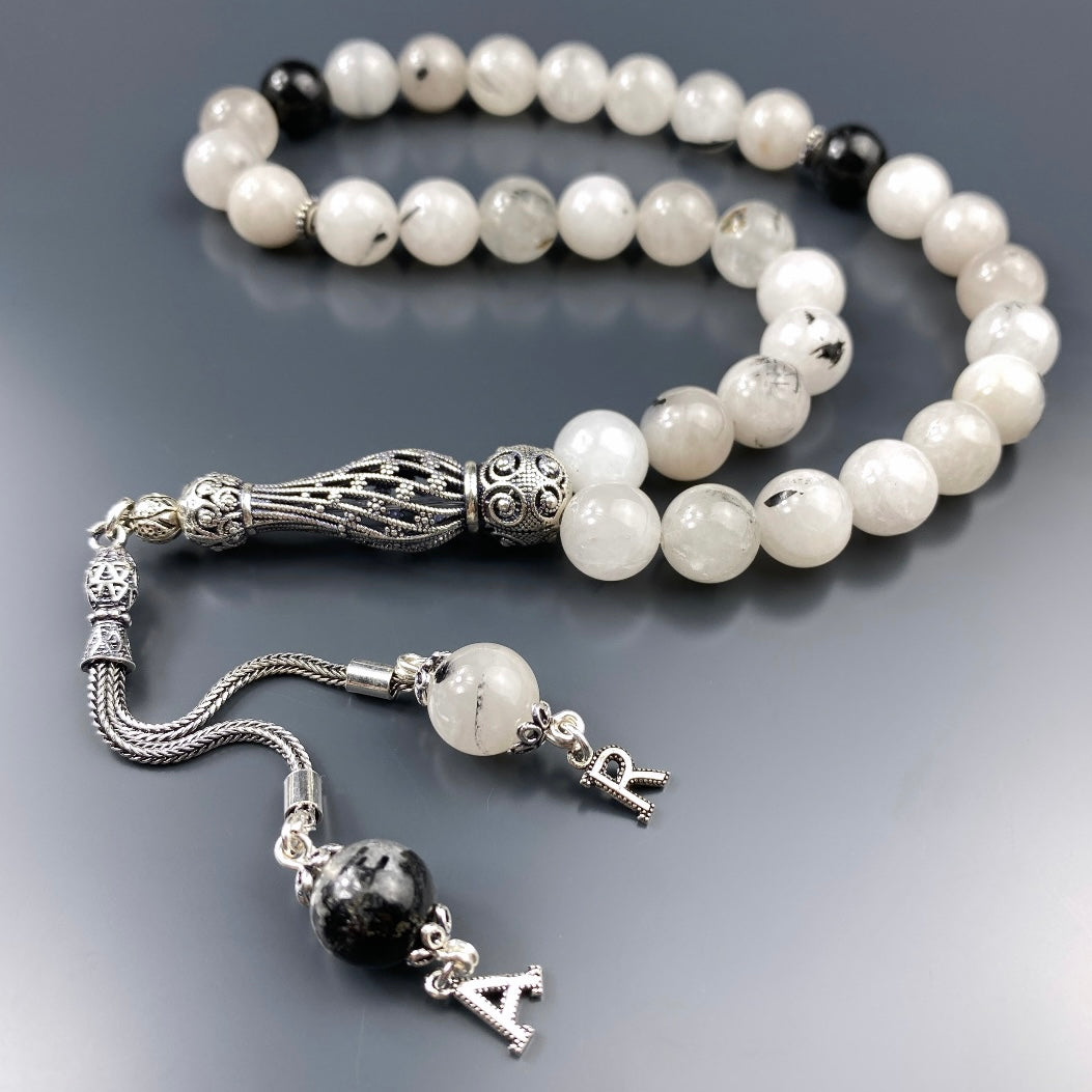 Tesbih Quarz 2 Buchstaben personalisiert 925 Silber 10 mm Perlen Büyük Boy