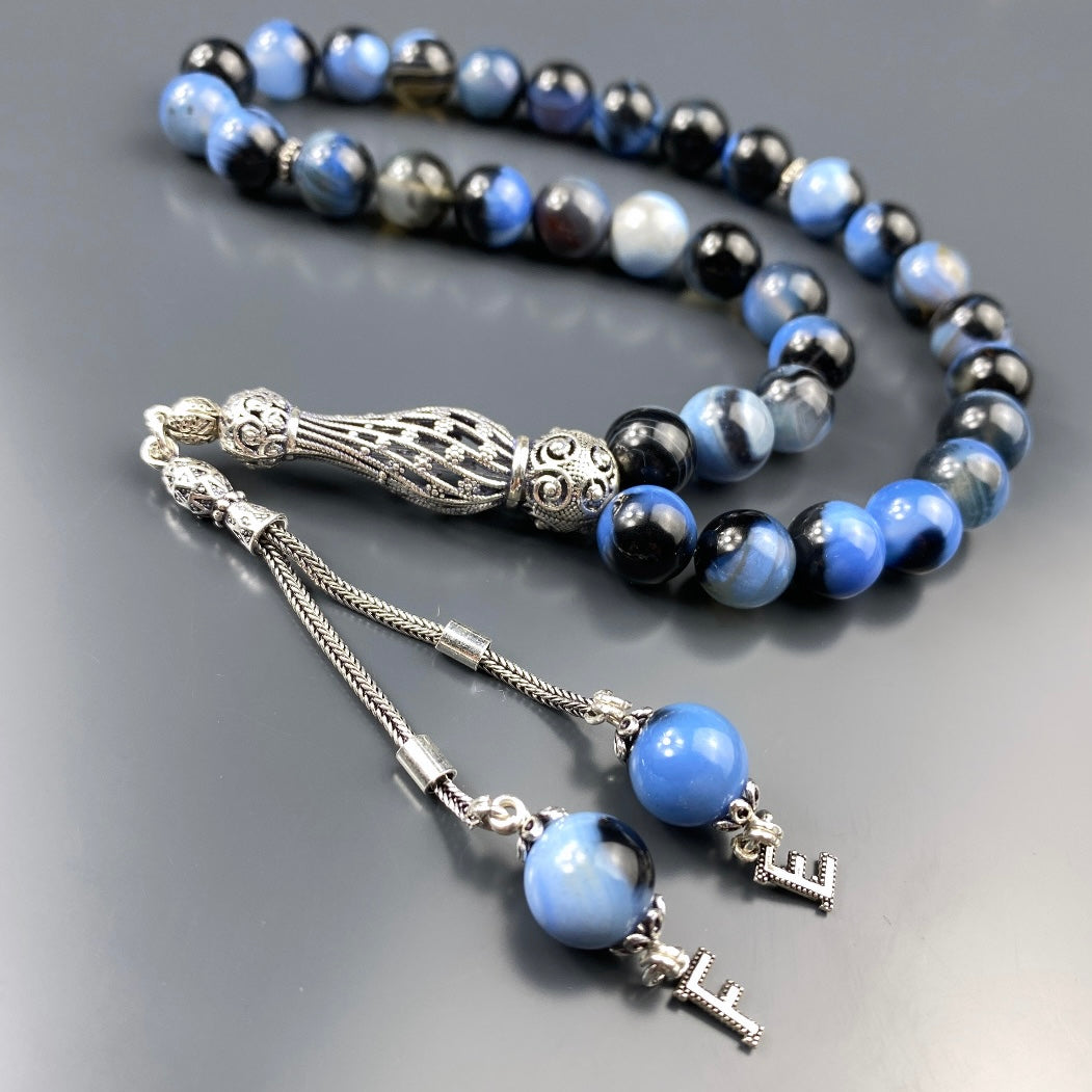 Tesbih Akik Blau Mix 2 Buchstaben personalisiert 925 Silber 10 mm Perlen Büyük Boy