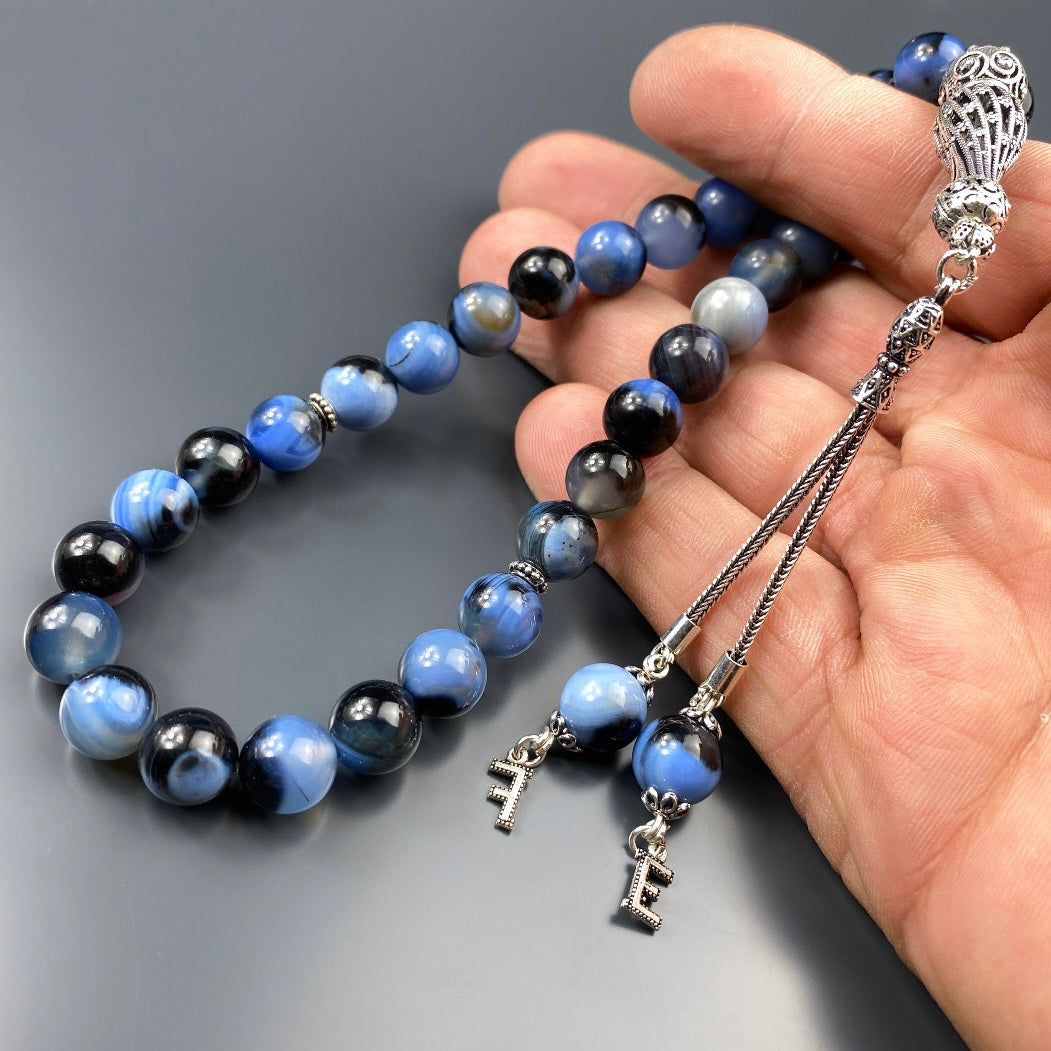 Tesbih Akik Blau Mix 2 Buchstaben personalisiert 925 Silber 10 mm Perlen Büyük Boy