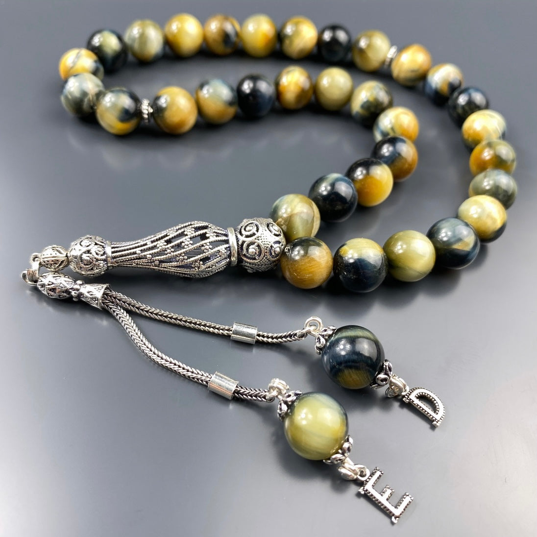 Tesbih Tigerauge Mix 2 Buchstaben personalisiert 925 Silber 10 mm Perlen Büyük Boy