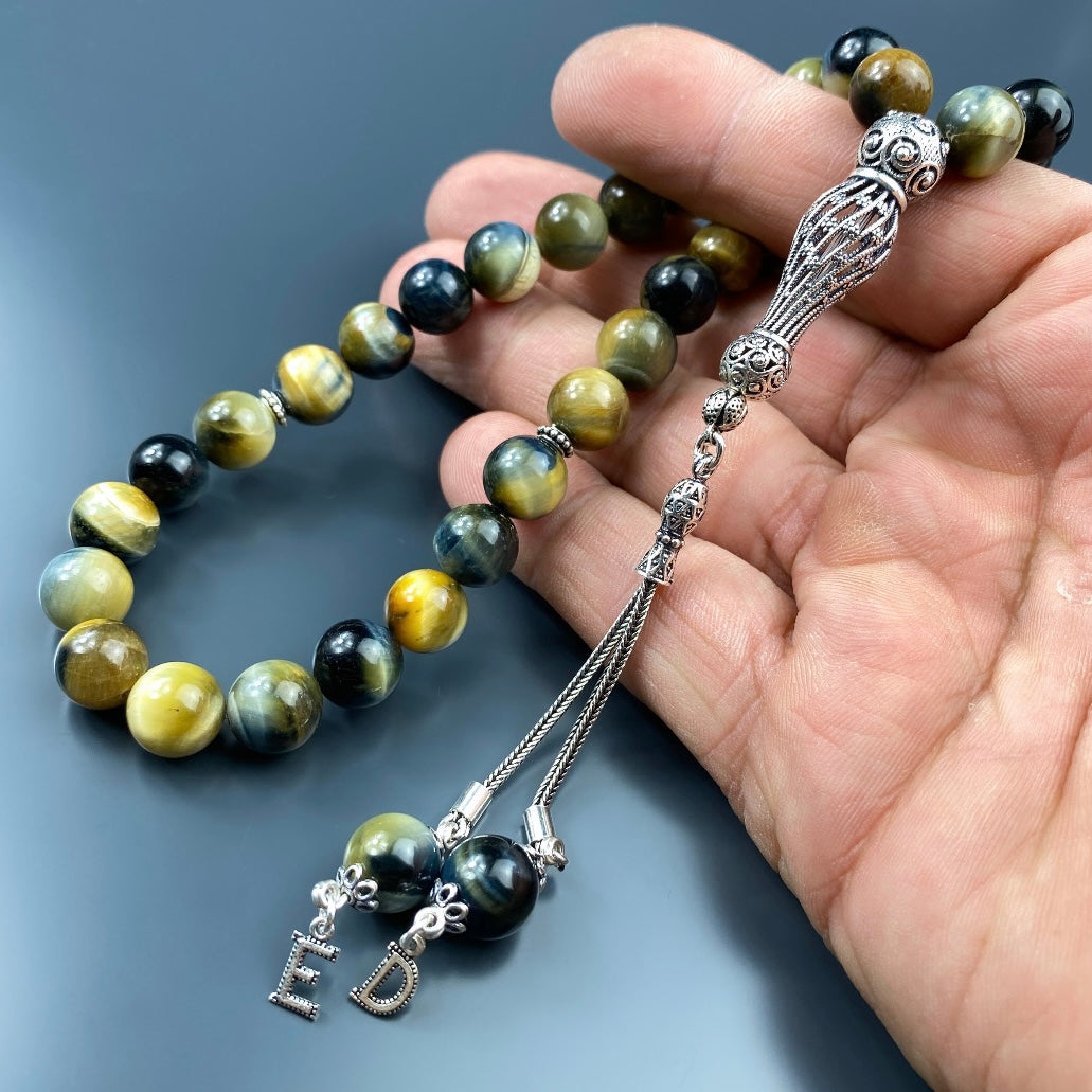 Tesbih Tigerauge Mix 2 Buchstaben personalisiert 925 Silber 10 mm Perlen Büyük Boy