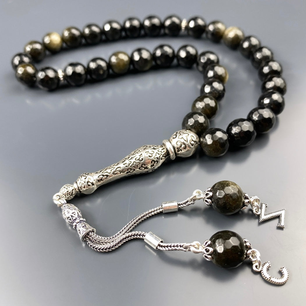 Tesbih Obsidian facetiert 2 Buchstaben personalisiert 925 Silber 10 mm Perlen Büyük Boy