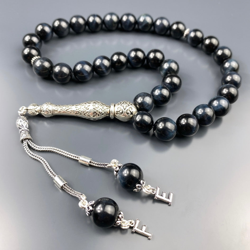 Tesbih Tigerauge Dark Blau 2 Buchstaben personalisiert 925 Silber 10 mm Perlen Büyük Boy