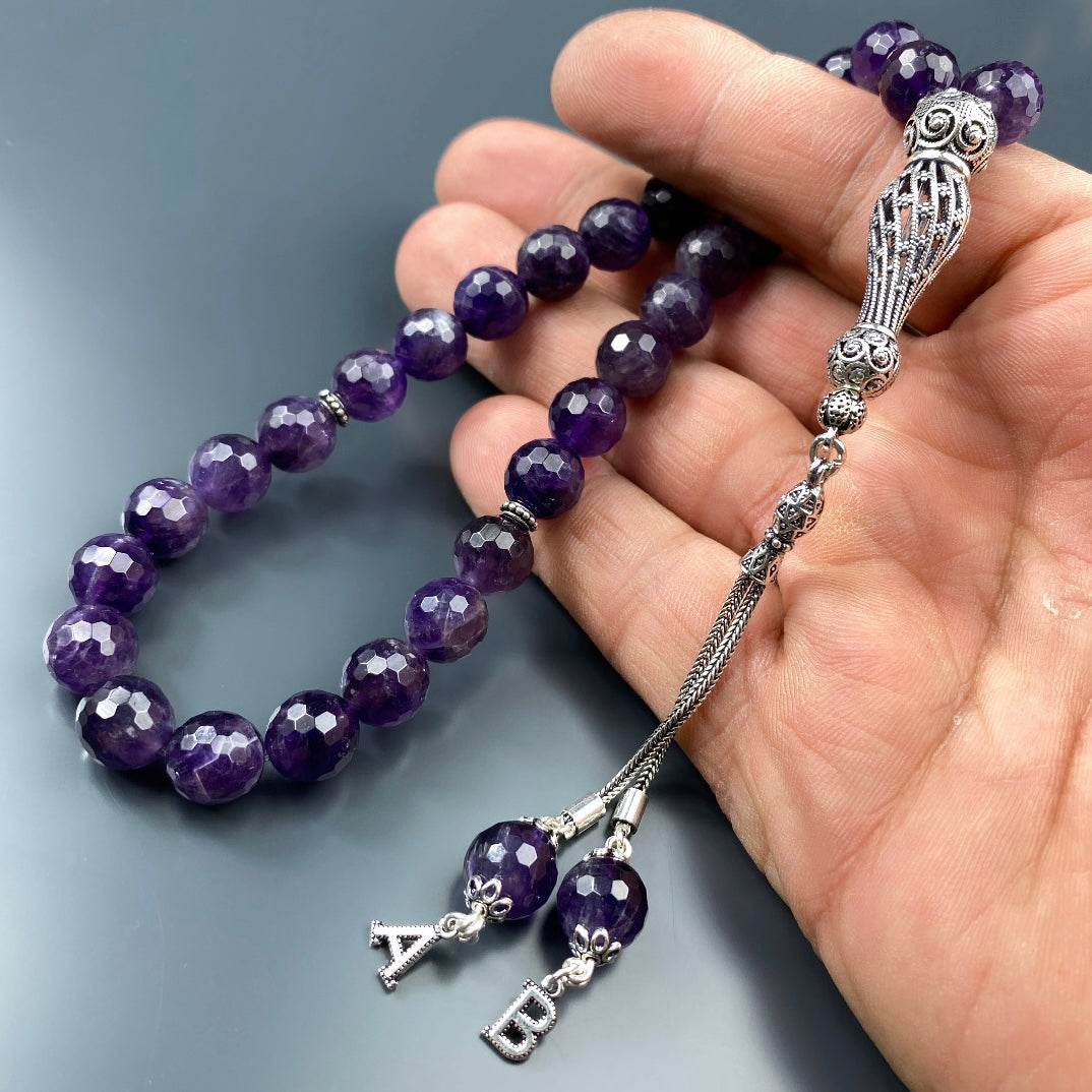Tesbih Amethyst facettiert 2 Buchstaben personalisiert 925 Silber 10 mm Perlen Büyük Boy