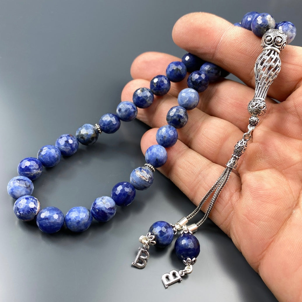 Tesbih Sodalith 2 Buchstaben personalisiert 925 Silber 10 mm Perlen Büyük Boy