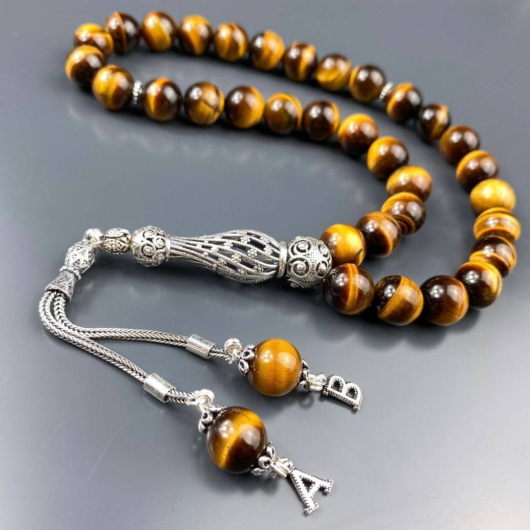 Tesbih Tigerauge Braun 2 Buchstaben personalisiert 925 Silber 10 mm Perlen Büyük Boy