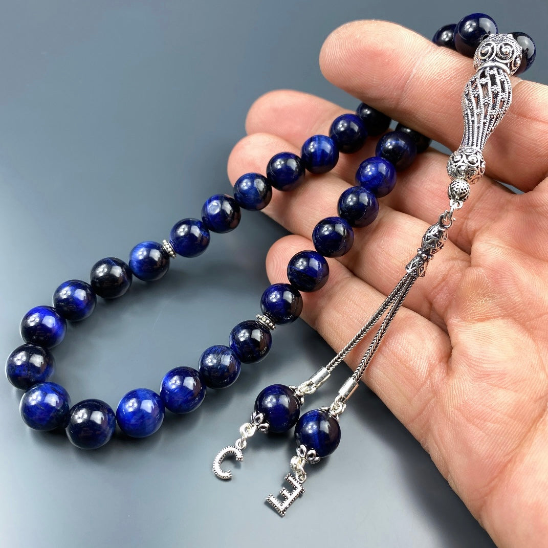 Tesbih Tigerauge Blau 2 Buchstaben personalisiert 925 Silber 10 mm Perlen Büyük Boy