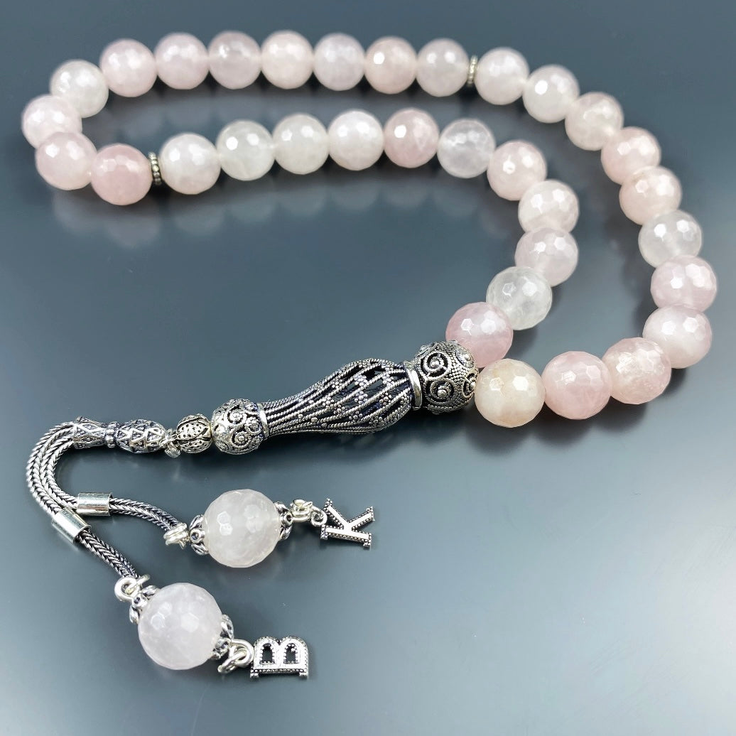 Tesbih Rose Quarz 2 Buchstaben personalisiert 925 Silber 10 mm Perlen Büyük Boy