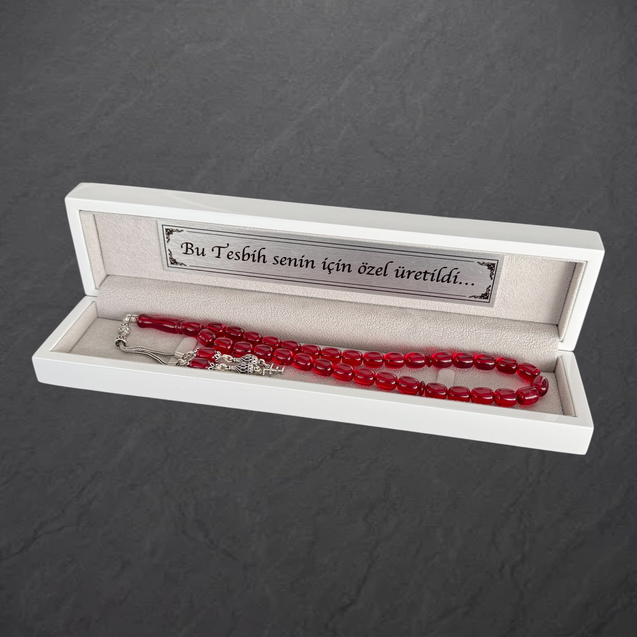Kehribar Tesbih Rot Original mit 2 Buchstaben & Tugra Logo 925 Silber Holzbox