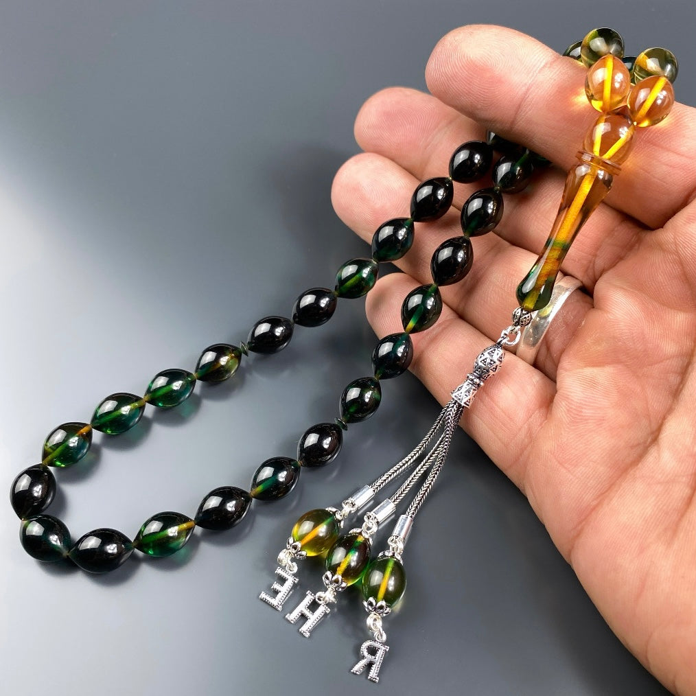 Tesbih Sıkma Kehribar personalisiert mit 3 Buchstaben Yesil Renk Süzmesi
