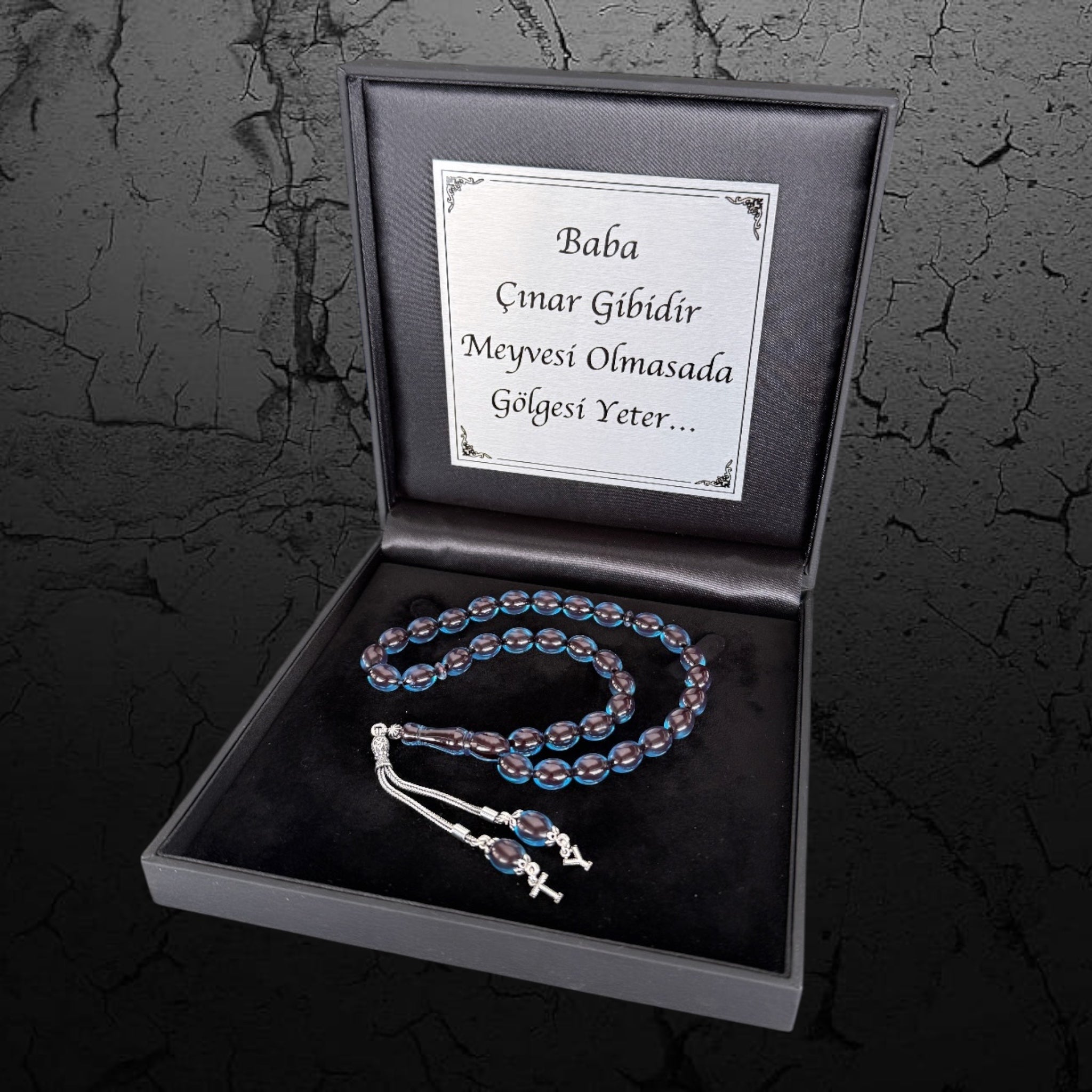 Kehribar Tesbih Sıkma Beyzi Sky Blau 2 Buchstaben 925 Silber