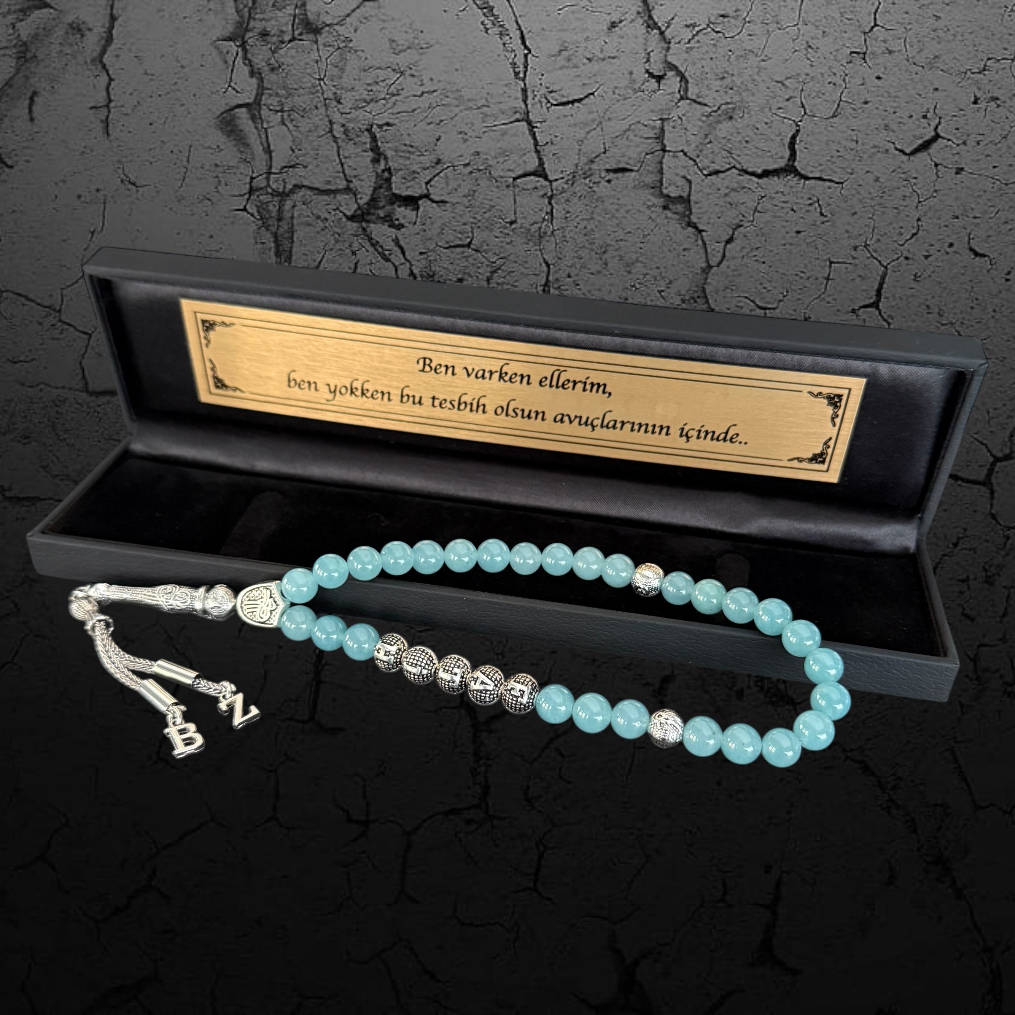 Türkisblau tesbih mit Namen und Geschenkbox zum verschenken ideal
