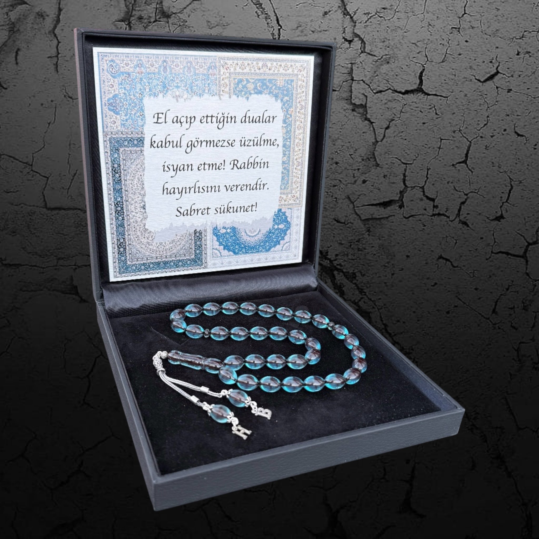 Kehribar Tesbih Sıkma Beyzi Sky Blue 2 Buchstaben 925 Silber Orient Box