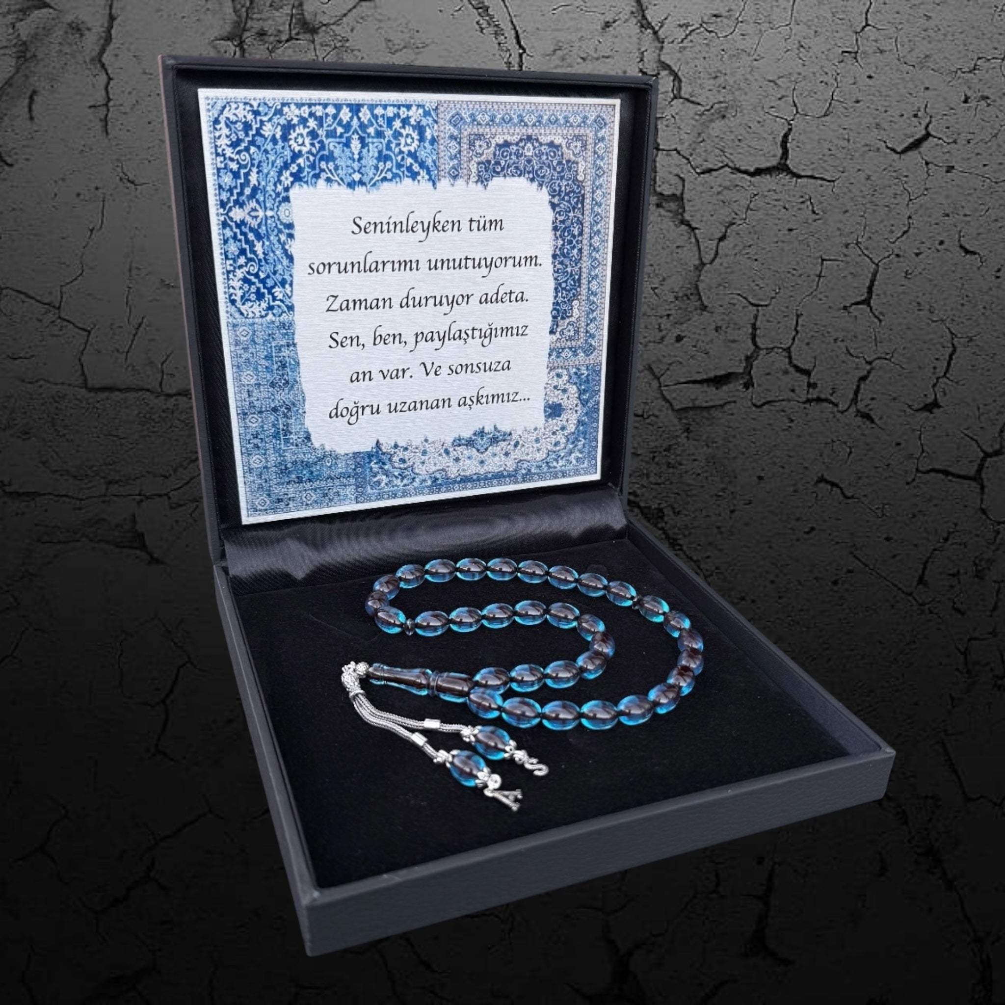 Kehribar Tesbih Sıkma Kapsül Sky Blue 2 Buchstaben 925 Silber Orient Box