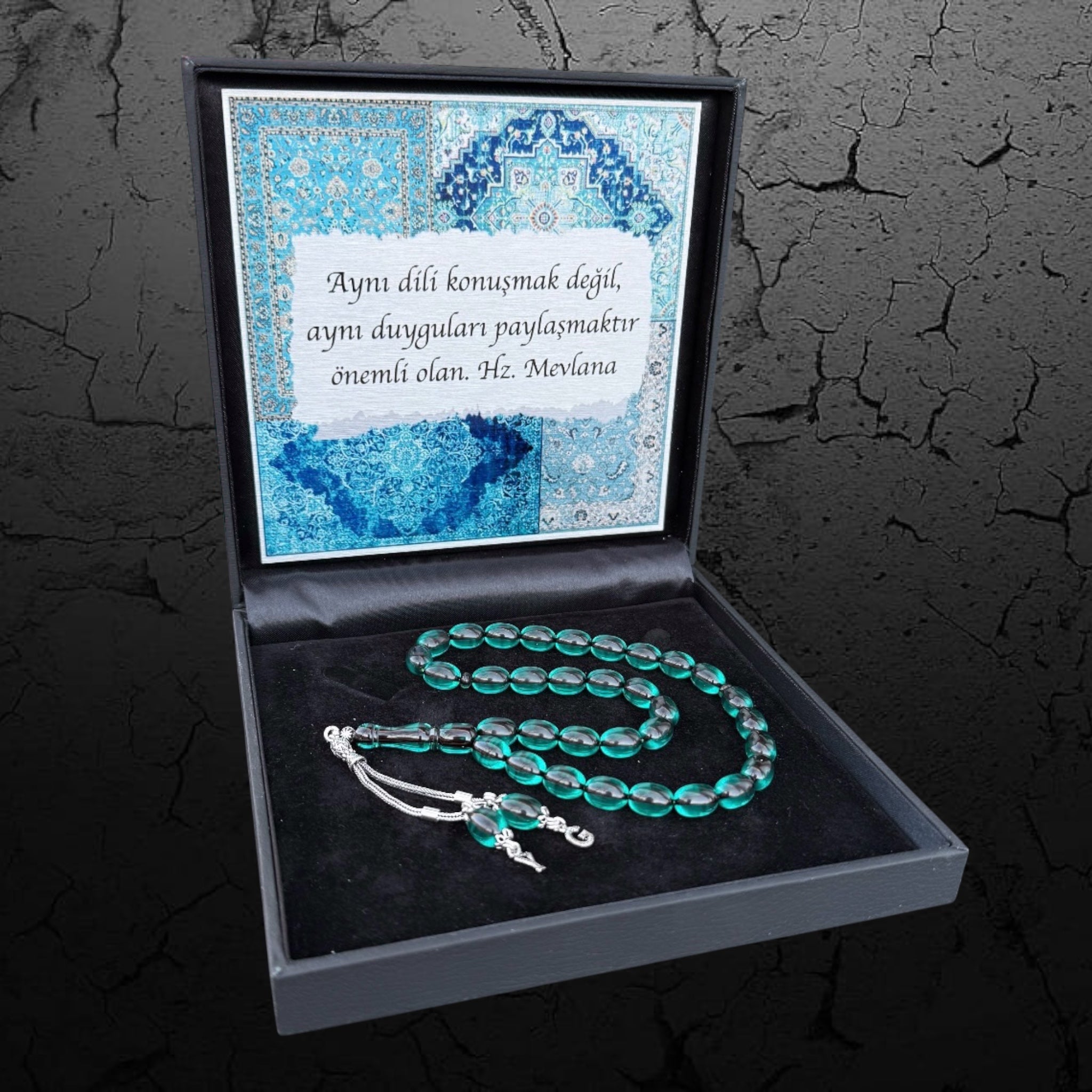 Kehribar Tesbih Sıkma Kapsül Türkis 2 Buchstaben 925 Silber Orient Box