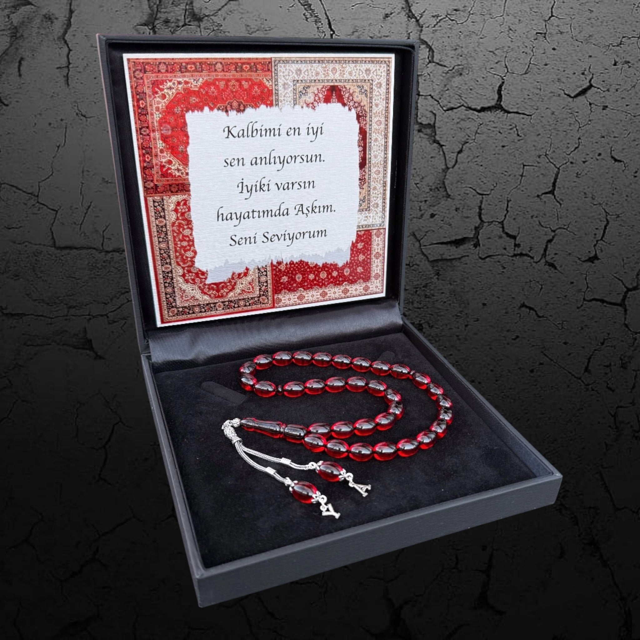 Kehribar Tesbih Sıkma Kapsül Rot 2 Buchstaben 925 Silber Orient Box