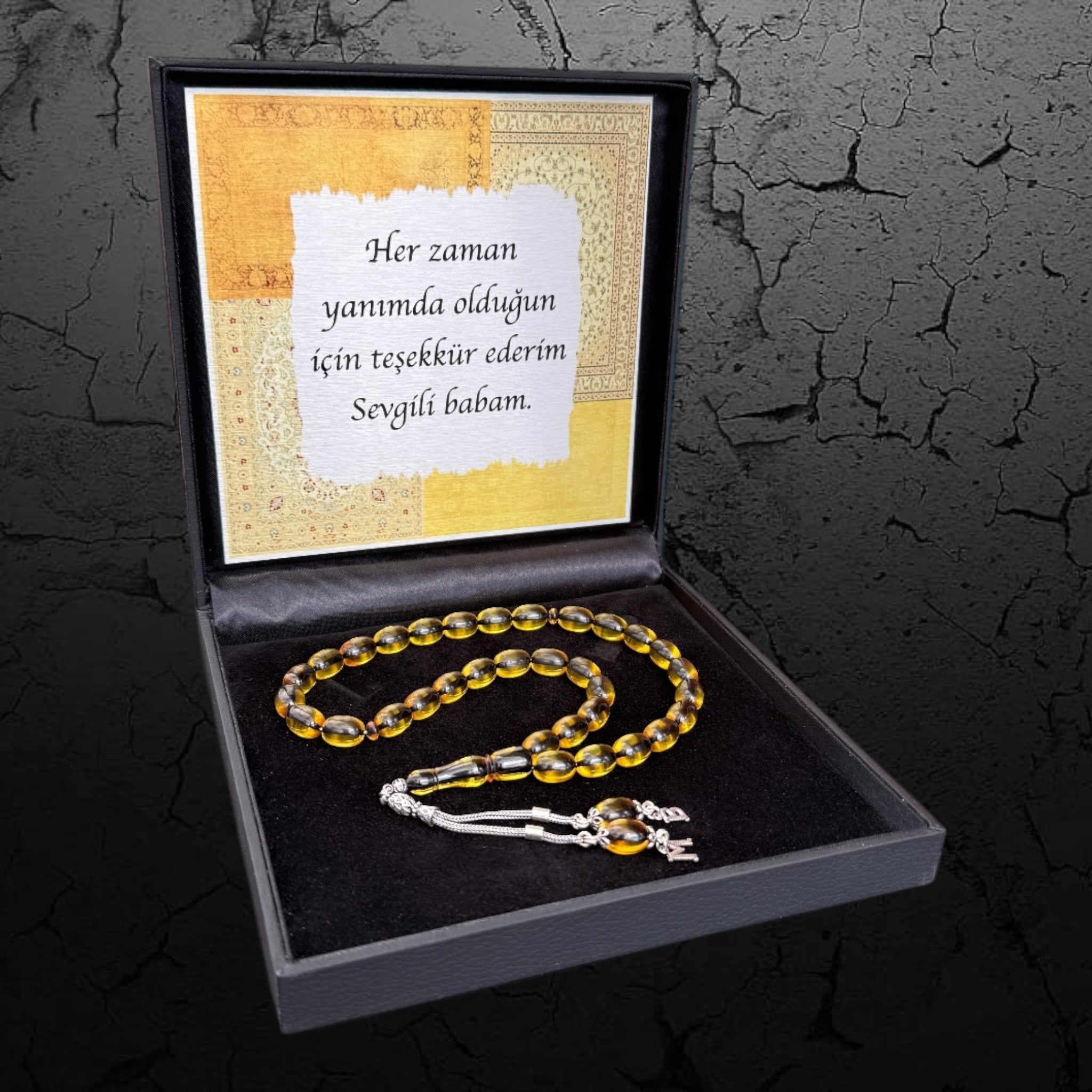 Kehribar Tesbih Sıkma Kapsül Gelb 2 Buchstaben 925 Silber Orient Box