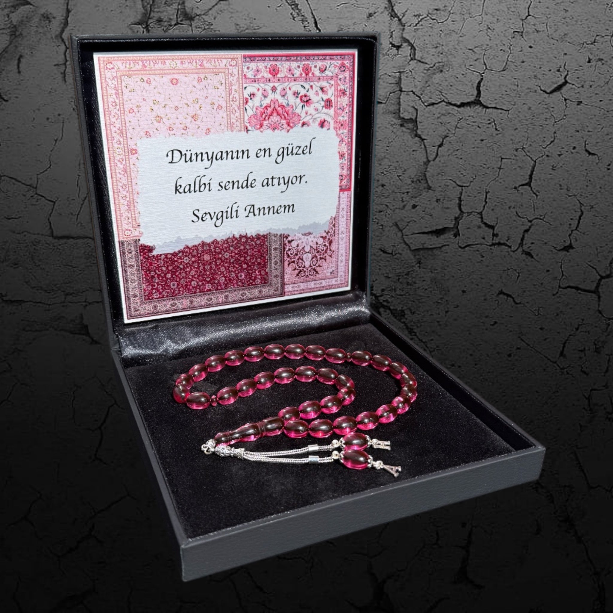 Kehribar Tesbih Sıkma Kapsül Fuchsia 2 Buchstaben 925 Silber Orient Box