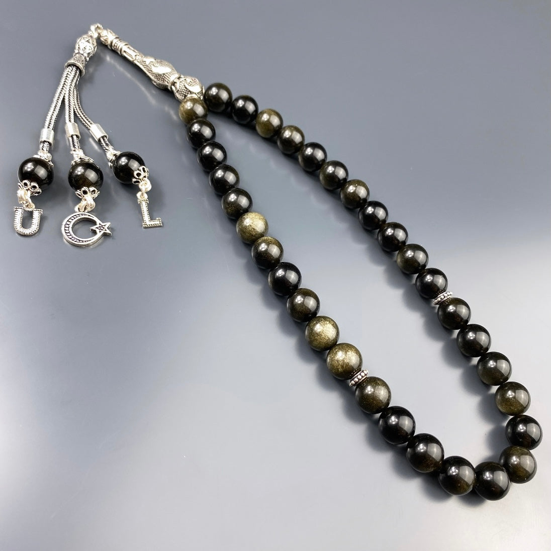 Tesbih Gold Obsidian 2 Buchstaben und Logo personalisiert 925 Silber
