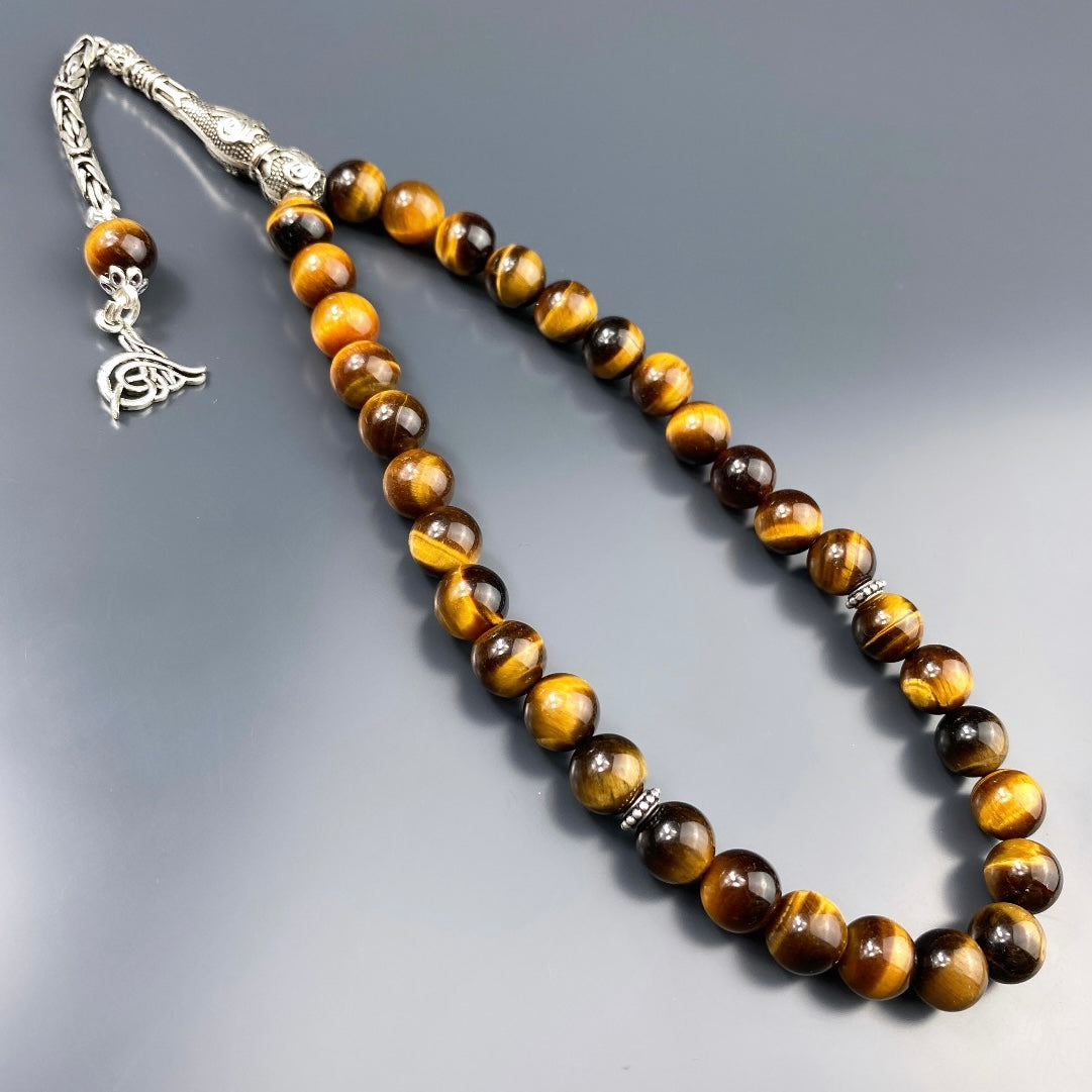 Tesbih Naturstein Tigerauge Braun Tugra Logo 925 Silber