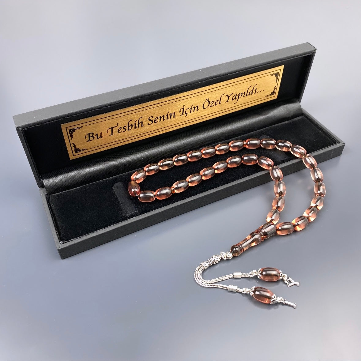 Tesbih Kehribar Sikma und Geschenkbox personalisiert mit einem Wunschtext Geschenk etui islamische geschenke perlenkette männerschmuck Kehribar tesbih Feuerzug mit Namen personalisiert Mekka mekke ayet el kürsi islamische geschenk box 