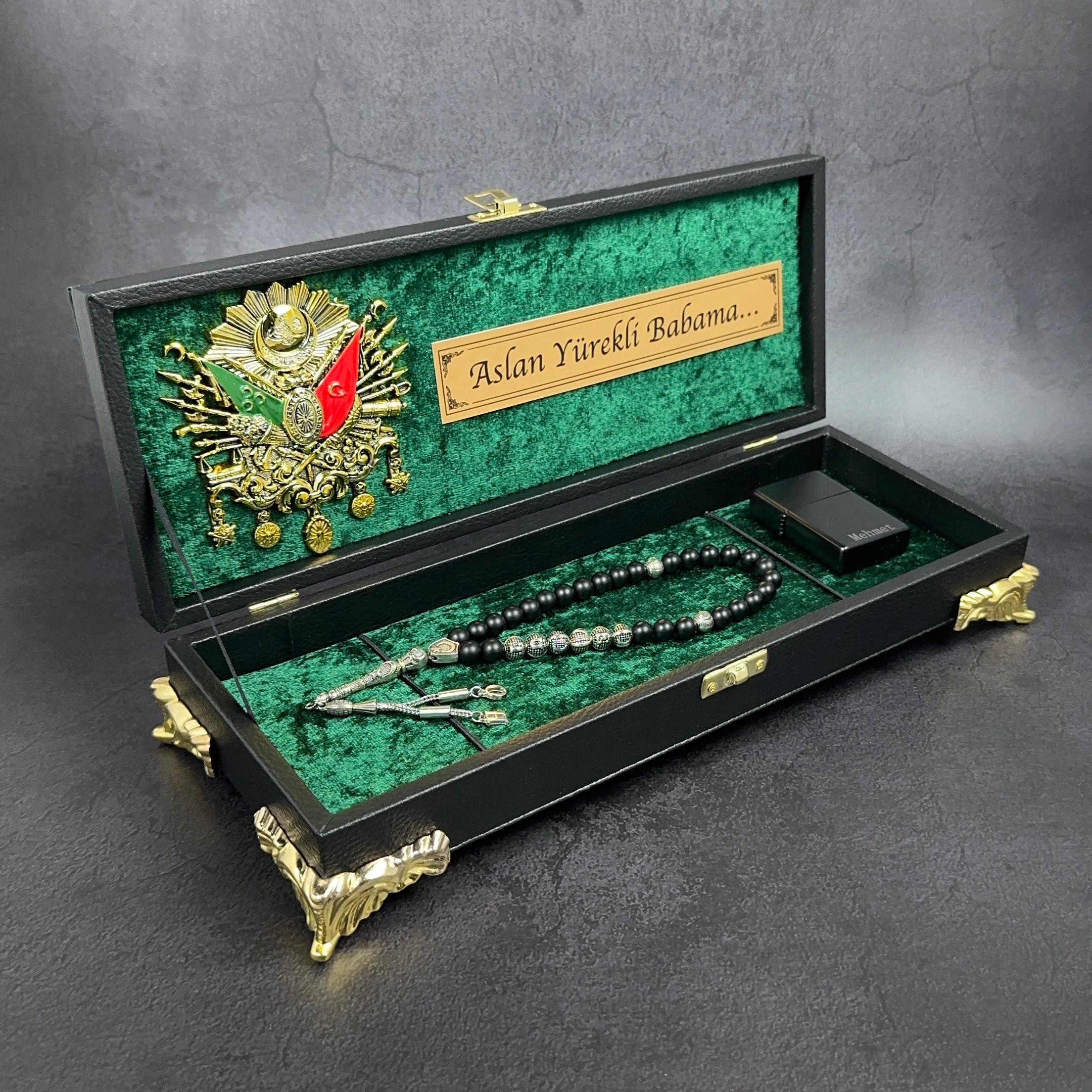 Tesbih mit Namen und Geschenkbox personalisiert mit einem Wunschtext Geschenk etui islamische geschenke perlenkette männerschmuck Kehribar tesbih Feuerzug mit Namen personalisiert