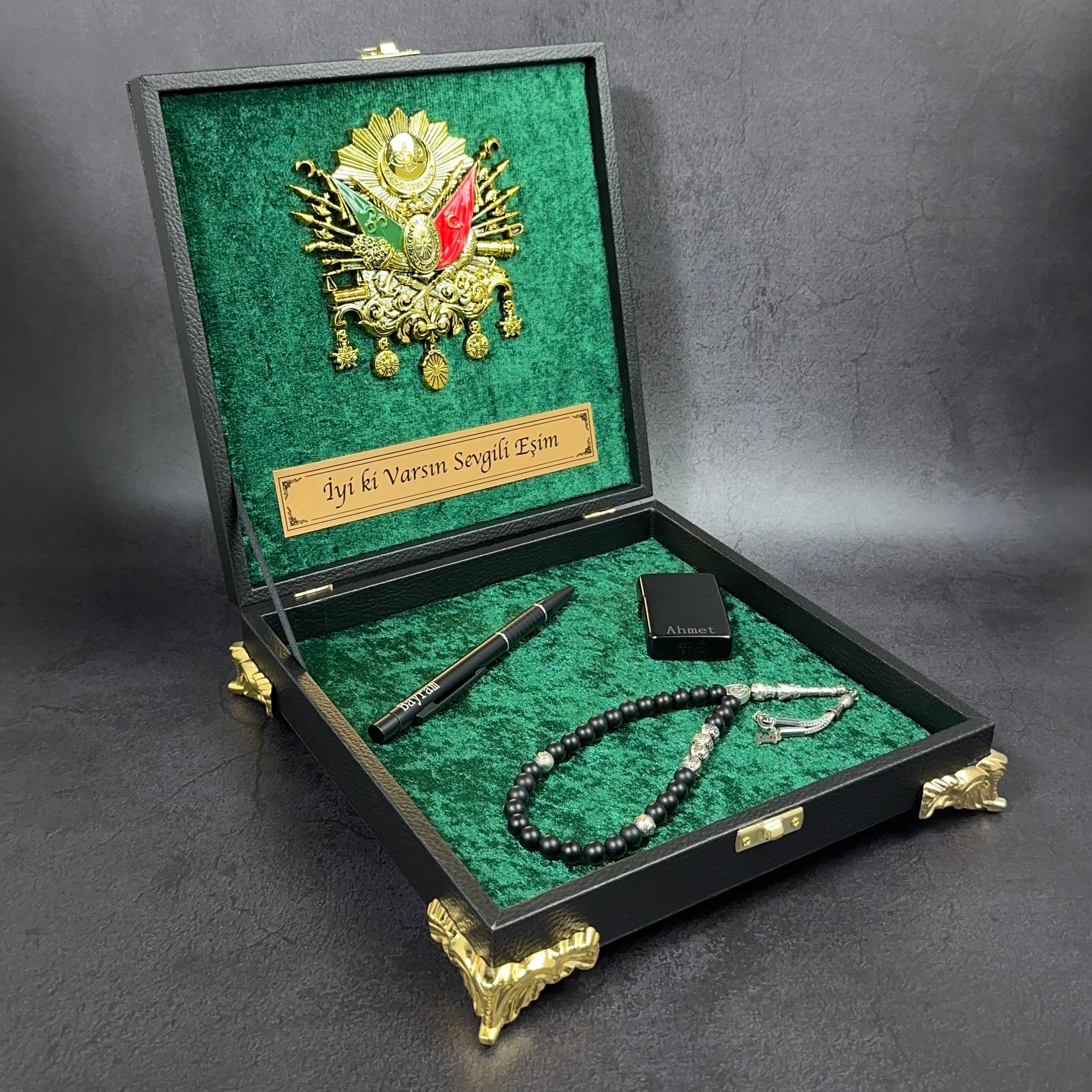 Tesbih mit Namen und Geschenkbox personalisiert mit einem Wunschtext Geschenk etui islamische geschenke perlenkette männerschmuck Kehribar tesbih Feuerzug mit Namen personalisiert