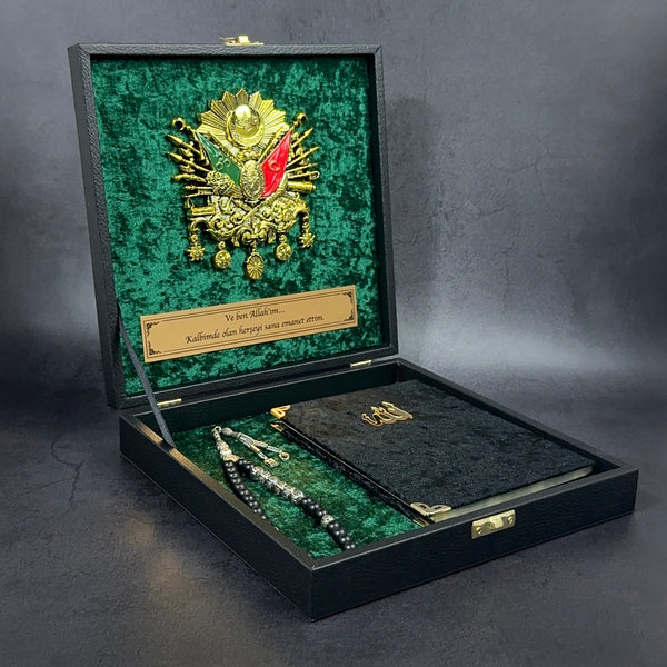 Tesbih Set Black Green Box Osmanli Logo mit Yasin - Serif Geschenkset