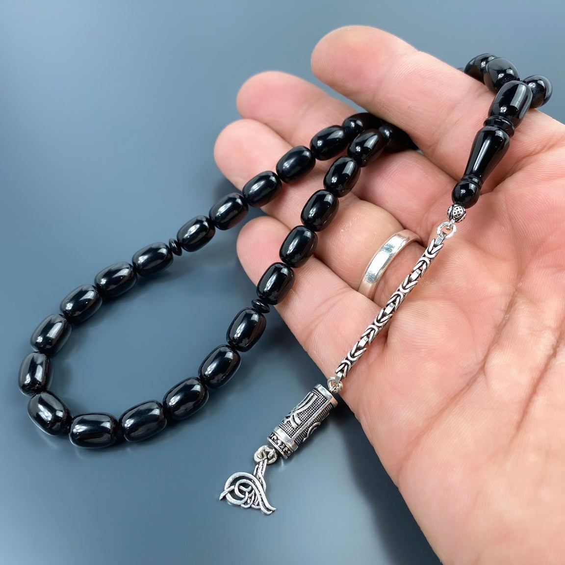 Tesbih Siyah SIKMA Kehribar Lazer Püskül Tugra Logo Silber 925