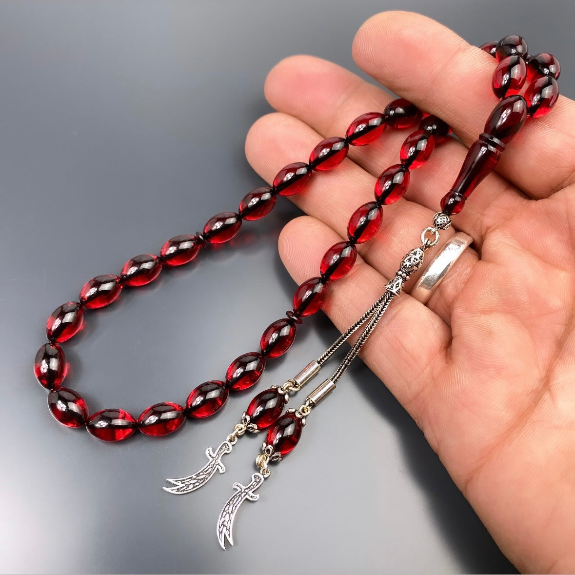 Tesbih Sikma Kehribar Gebetskette Kilic Logo 925 Gümüs