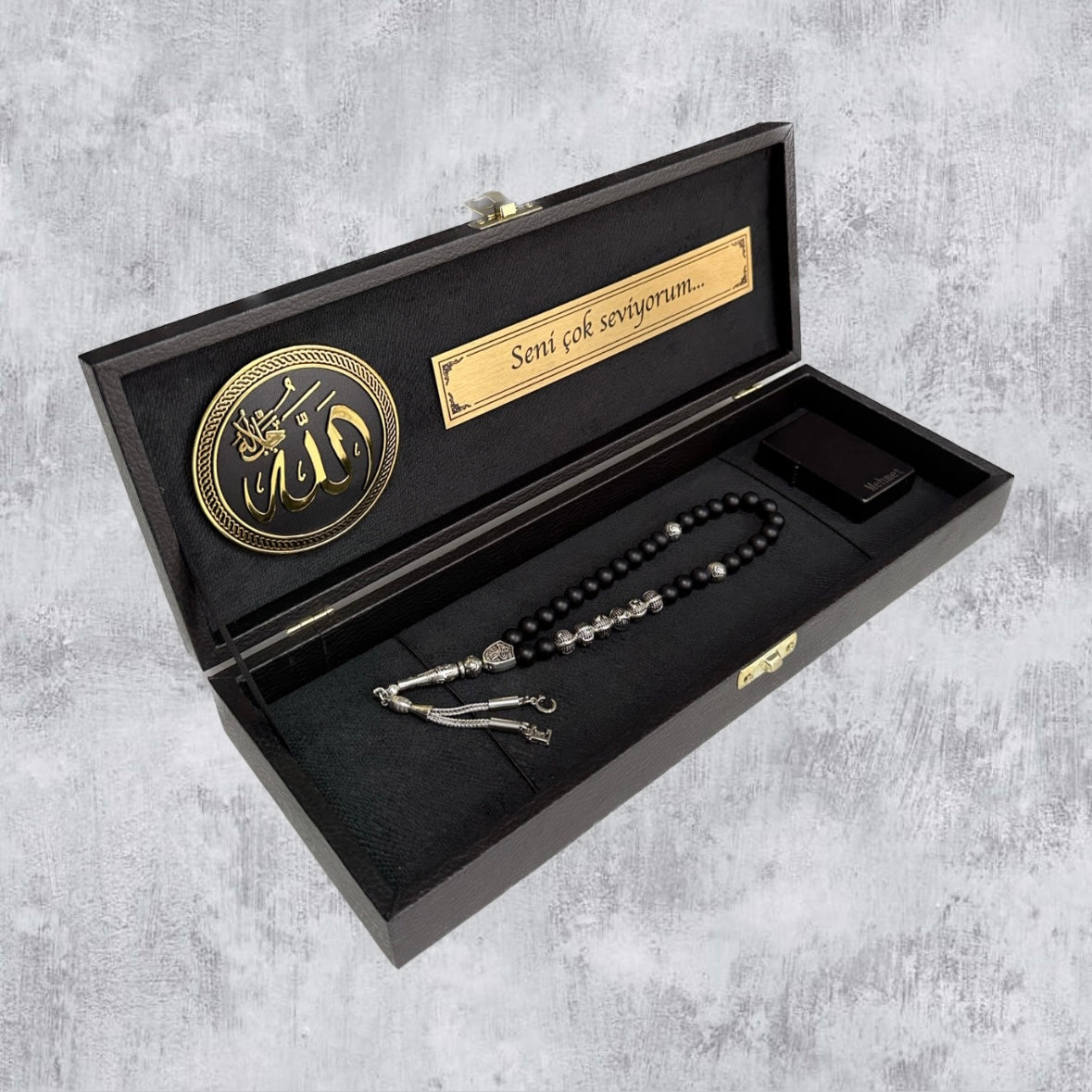 Tesbih mit Namen und Geschenkbox personalisiert mit einem Wunschtext Geschenk etui islamische geschenke perlenkette männerschmuck Kehribar tesbih Feuerzug mit Namen personalisiert Mekka mekke ayet el kürsi islamische geschenk box 