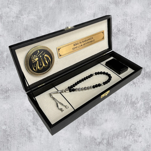 Tesbih / Gebetskette Geschenkset Black / Creme  - Allah cc klein Logo