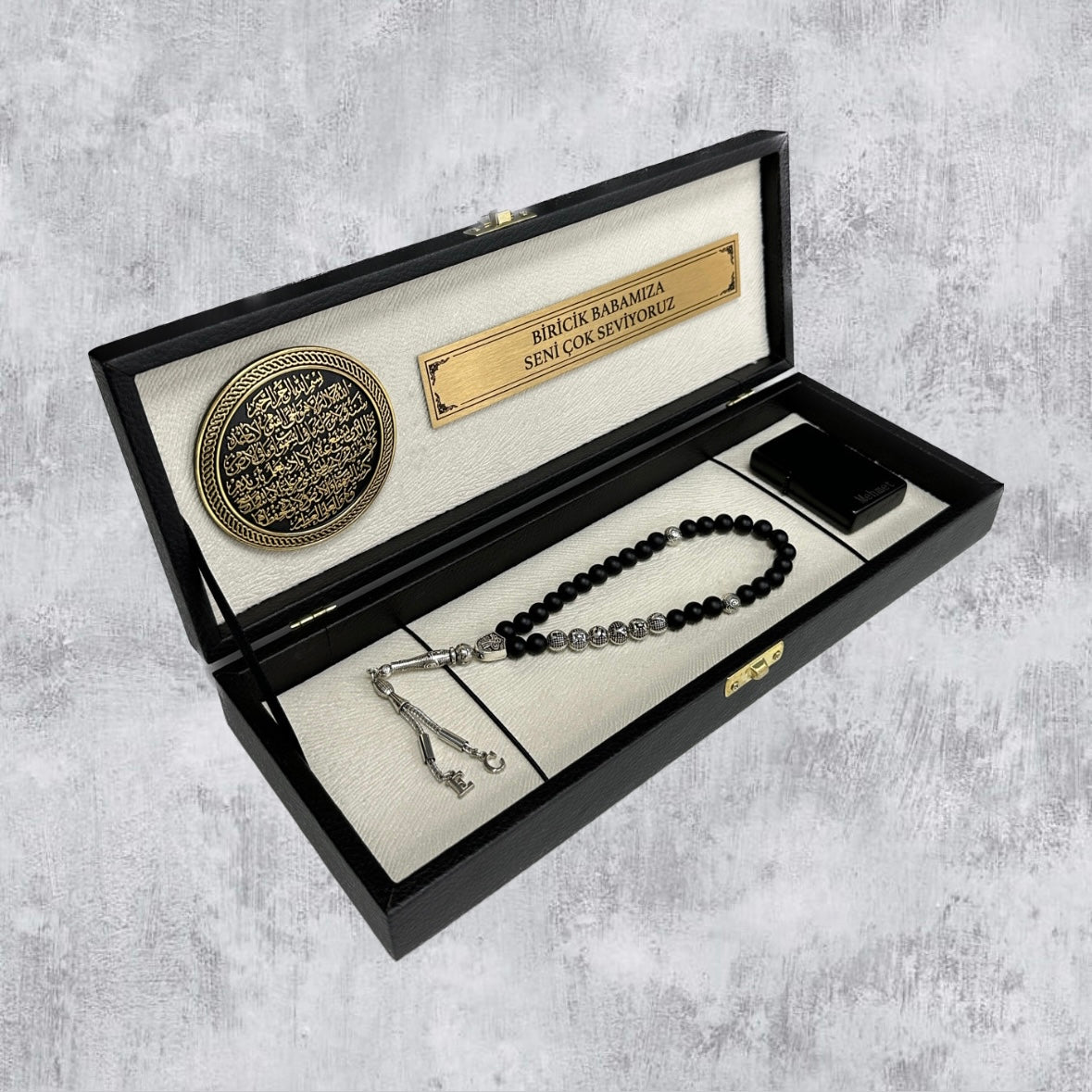 Tesbih / Gebetskette Geschenkset Black / Creme Ayetel Kürsi Dua - klein Logo