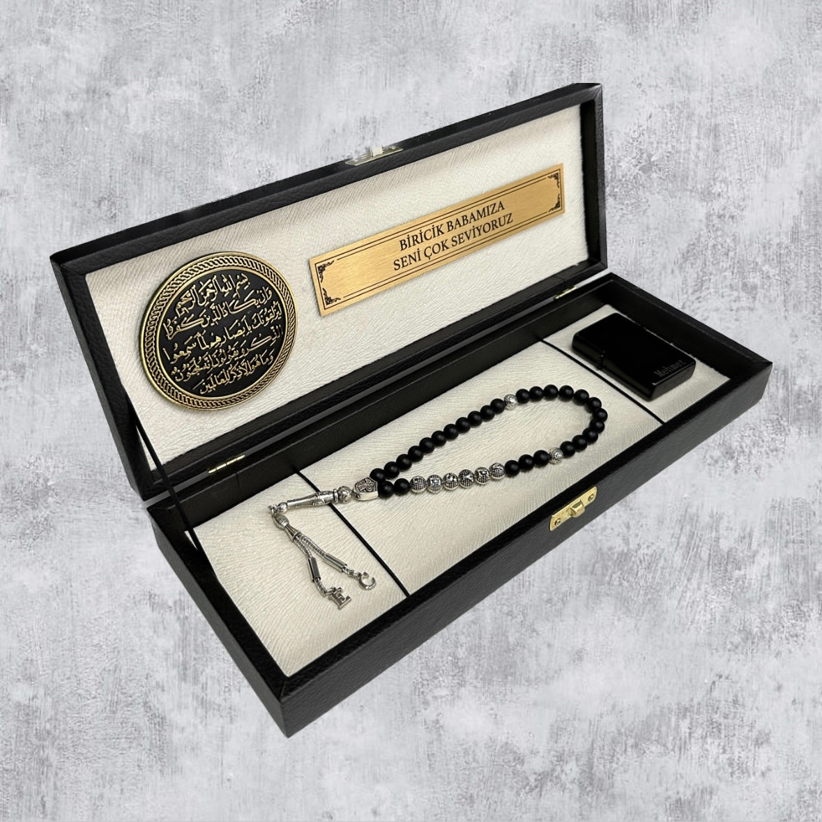Tesbih / Gebetskette Geschenkset Black / Creme Nazar Dua Ayet - klein Logo