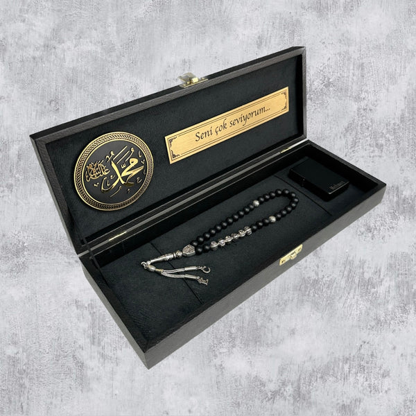 Tesbih / Gebetskette Geschenkset Black -Muhammed sav -  klein Logo
