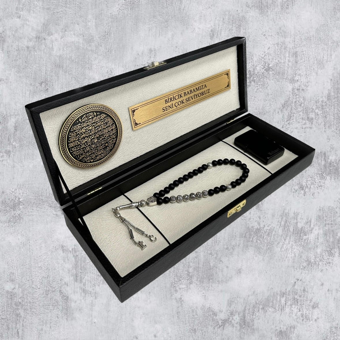 Tesbih / Gebetskette Geschenkset Black / Creme -Bereket Ayeti klein Logo