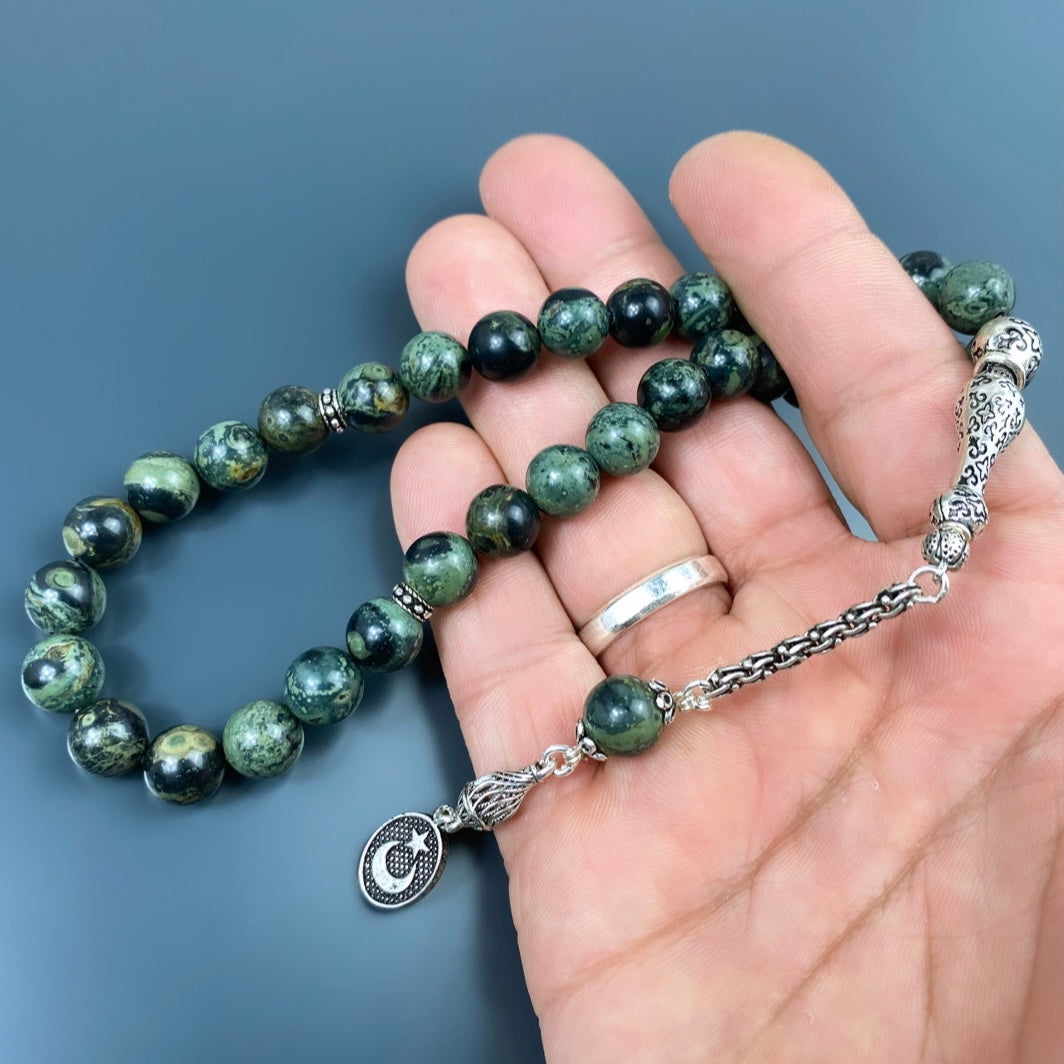 Tesbih Jasper Naturstein 10mm Perlen Gebetskette 925 Silber