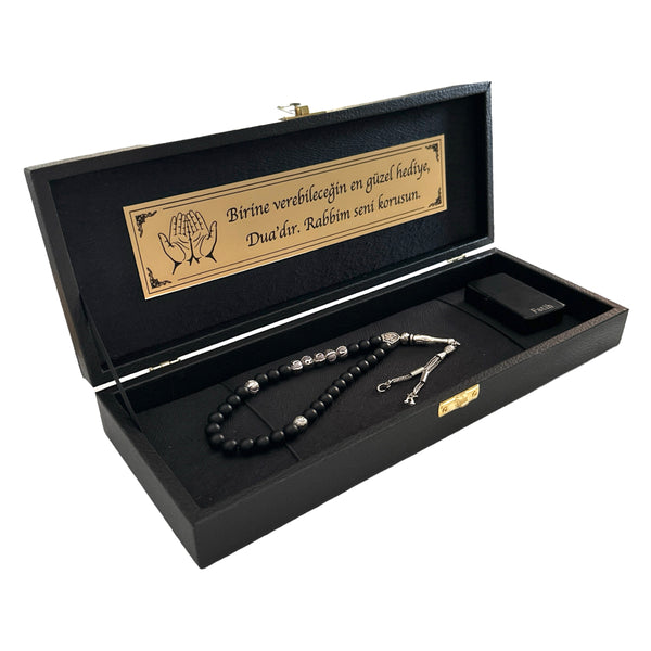 Tesbih Black Box mit Rahmen und Feuerzeug Geschenkset - Gebet Logo