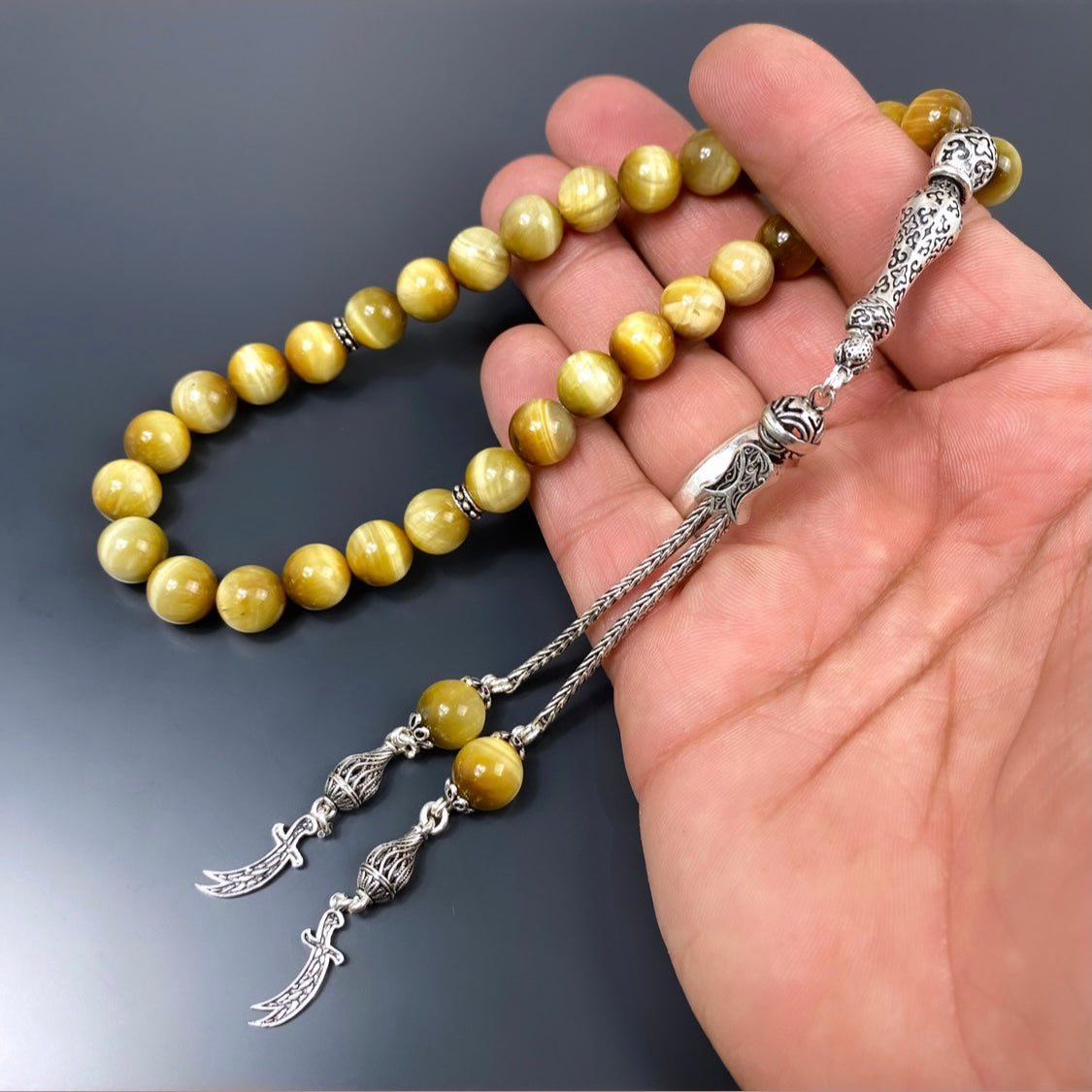 Tesbih Kaplangözü Naturstein 10mm Perlen Gebetskette 925 Silber