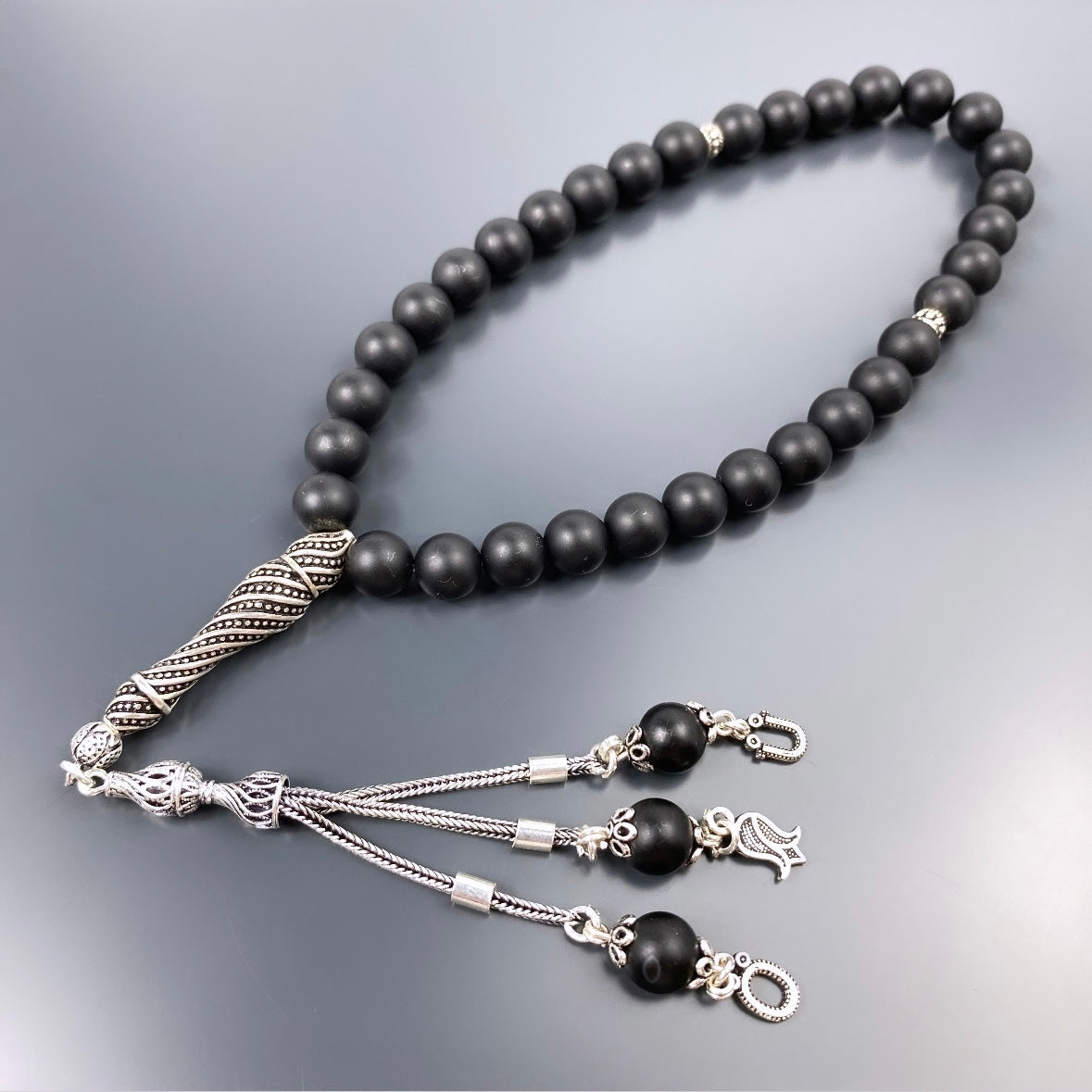Tesbih Onyx matt Naturstein 925 Silber mit Logo und Buchstaben